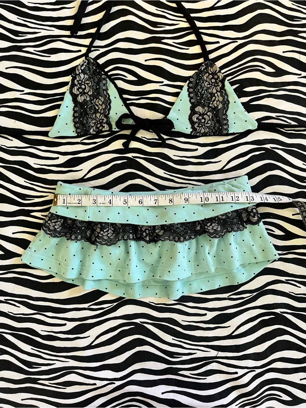 Teal polka dot mini skirt and bikini top set